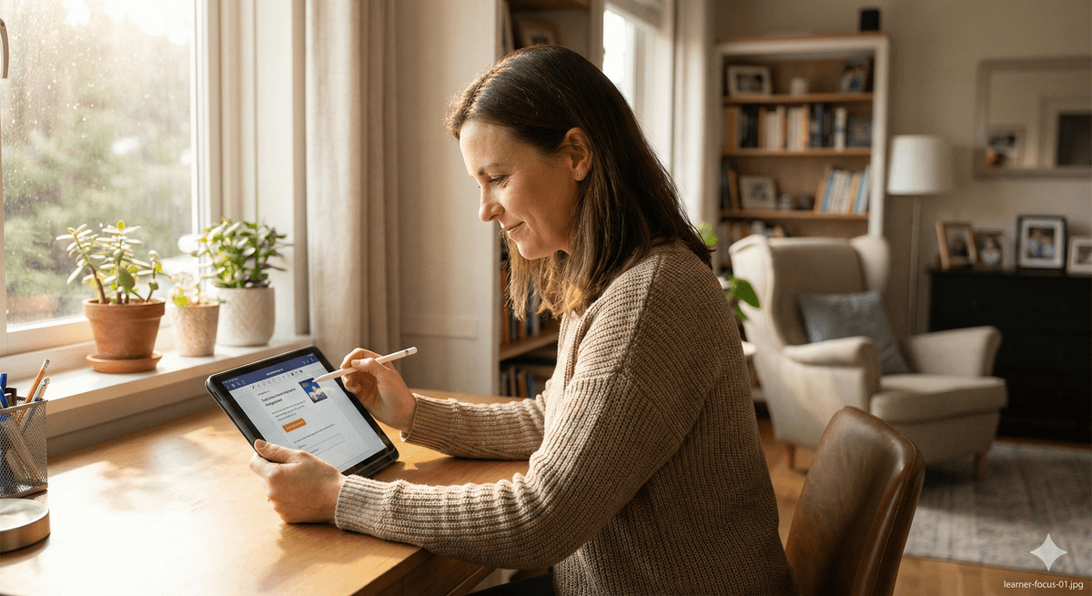 An adult learner in a calm home setting, confidently working through a maths assessment on a tablet