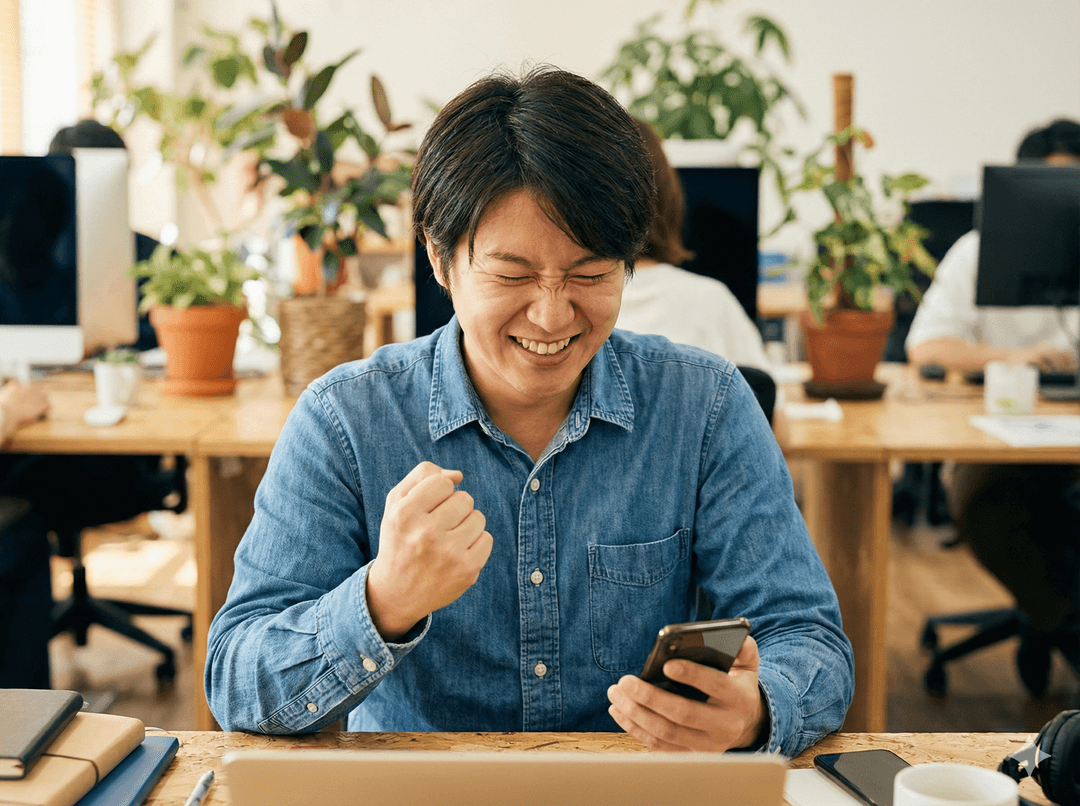 A person celebrating after completing their skills assessment